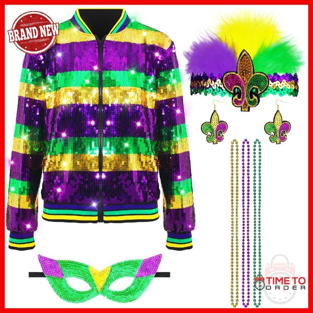 Sequin Jacket Set with Mask Headband Earrings Necklaces Mardi Gras Party